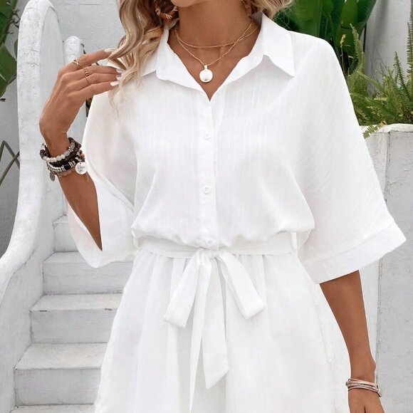 White Casual Women's Summer Solid Color Shirt Jumpsuit - Picture 1 of 5
